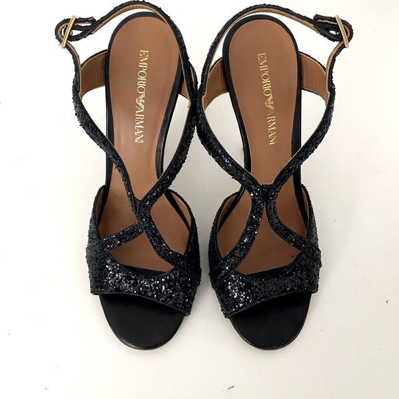 NWOB Emporio Armani Sandal Black Glitter Slim Heel Strappy Open Toe 36.5 6.5 - Picture 4 of 9